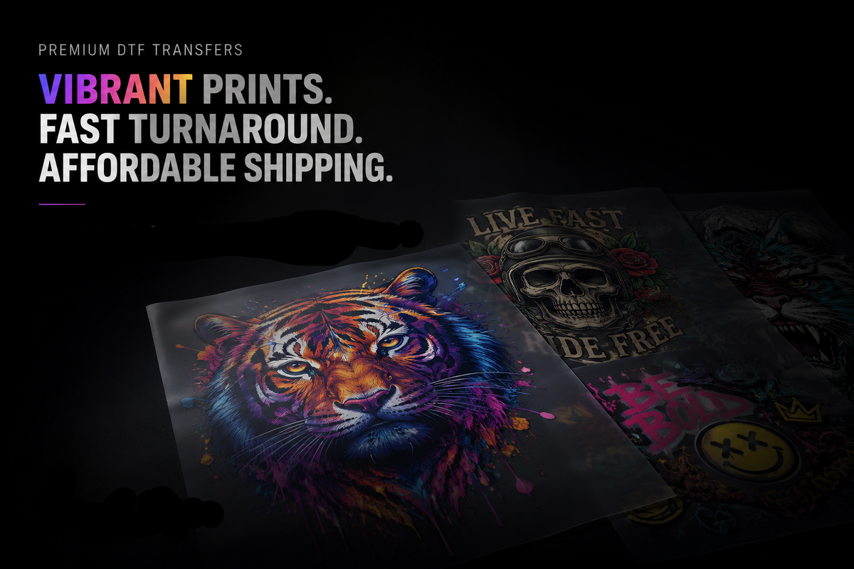 Promotional graphic for DTF transfer products showing three printed artwork samples on a dark background: a colorful tiger face, a skull design, and a black-and-yellow graphic. Large text reads 'Vibrant prints.